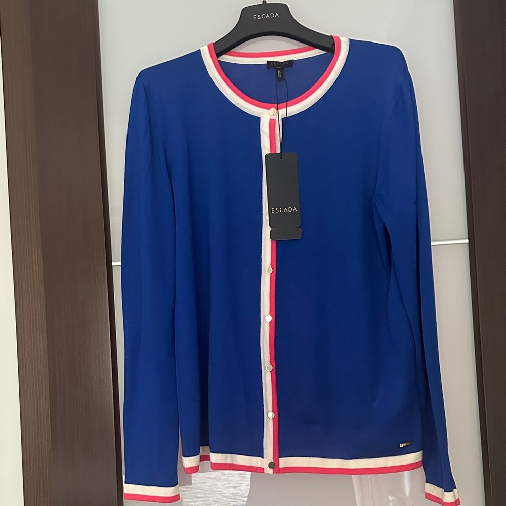 Escada Royal Blue Button Down Shirt with Pink and White Trim